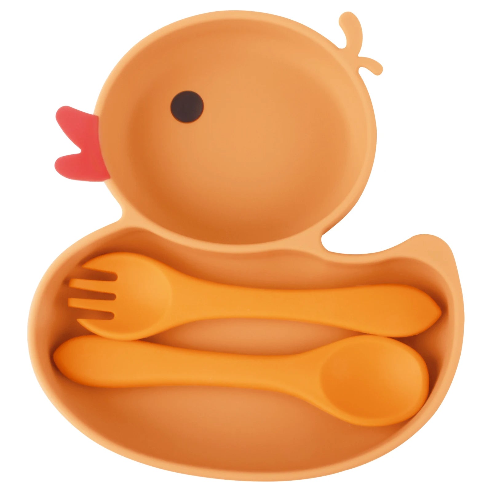 Assiette Bébé Silicone Orange au Design de Canard avec Couverts sur fond blanc