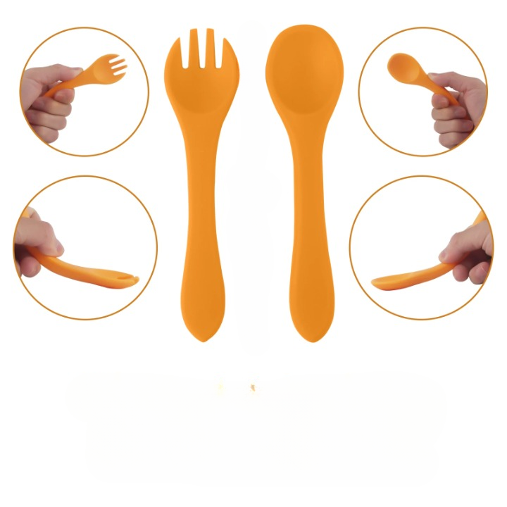 Assiette Bébé Silicone Orange au Design de Canard avec Couverts