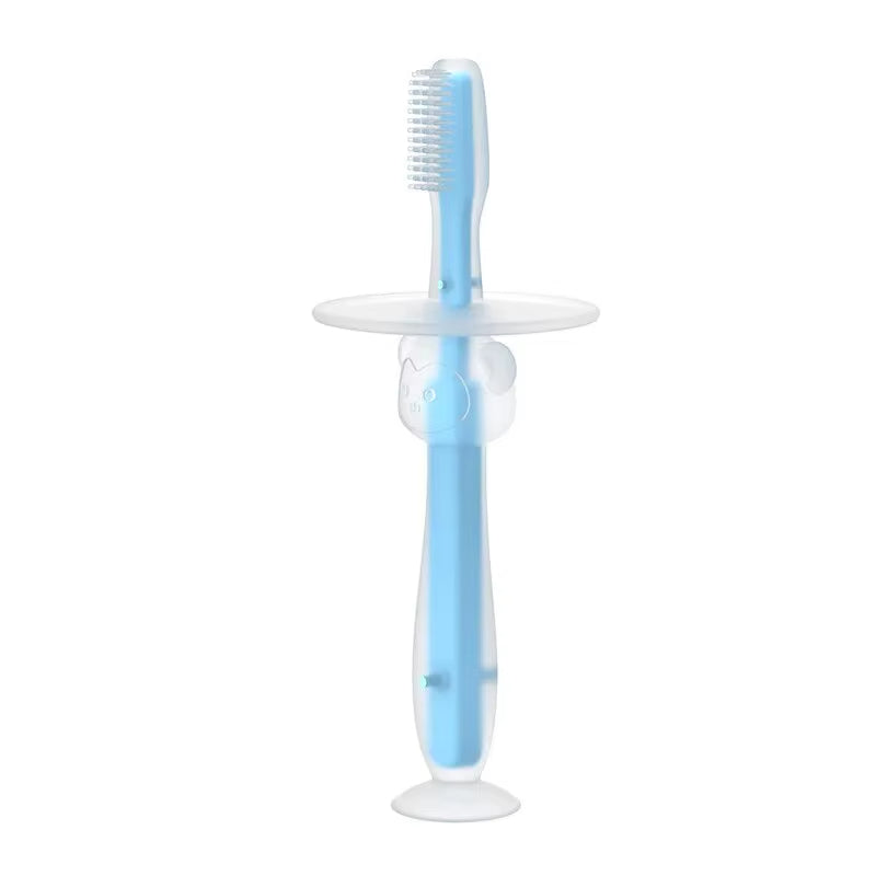 Brosse à Dent Bébé Bleue et Flexible sur fond blanc