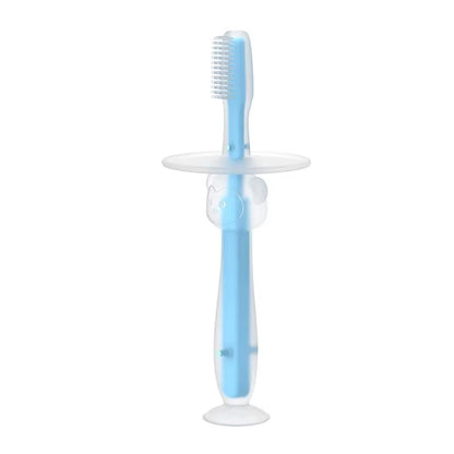 Brosse à Dent Bébé Bleue et Flexible sur fond blanc