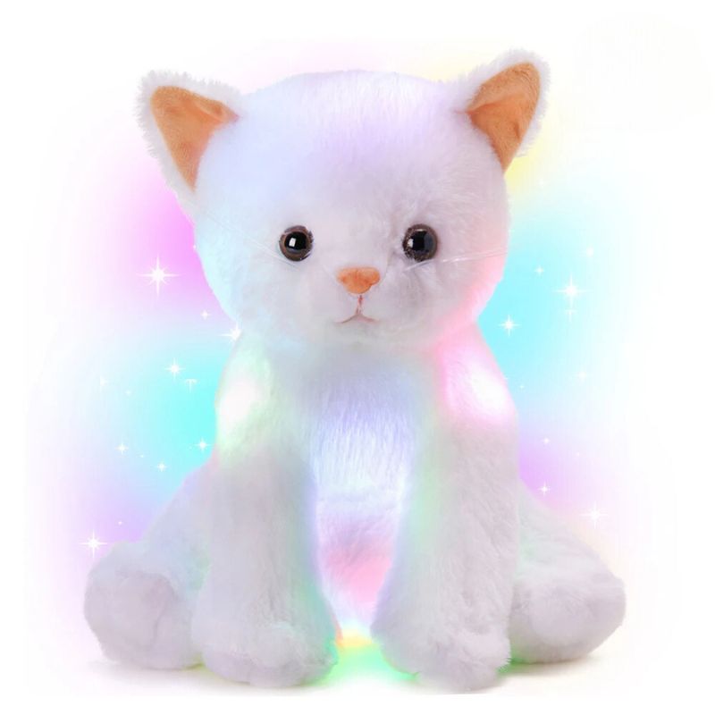 Doudou Veilleuse LED Colorées en Forme de Chat sur fond blanc avec des étoiles